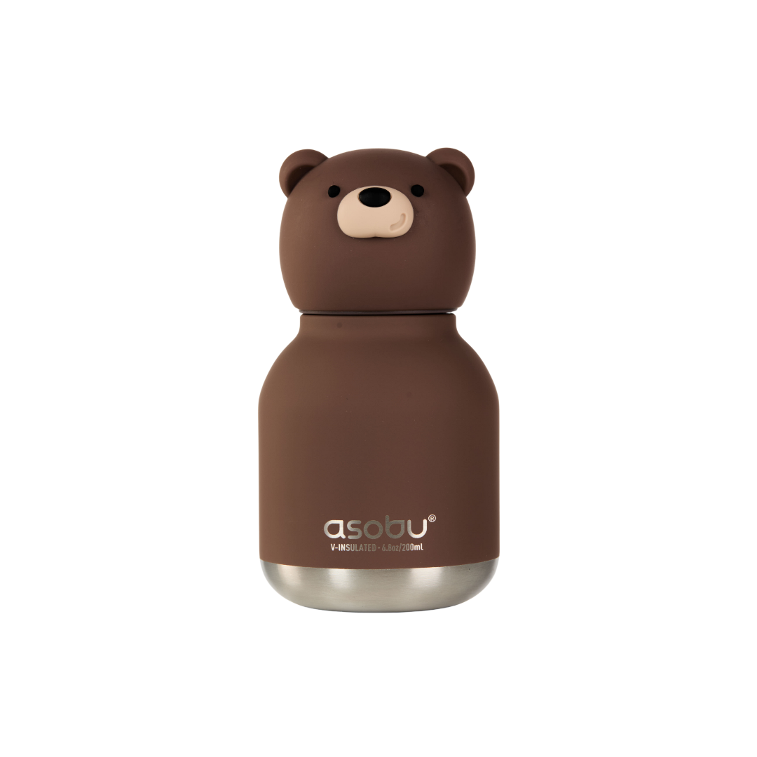 A brown bear-shaped insulated water bottle with a stainless steel base, featuring the 'asobu' brand logo on the front, set against a plain white background.