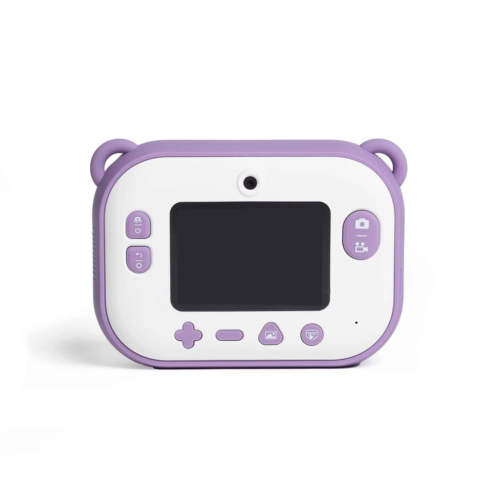 Children's camera with a purple border and white body on a white background