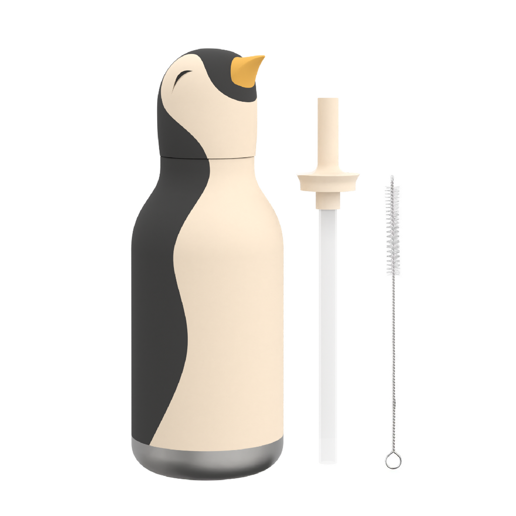 Penguin-shaped water bottle with a straw on a white background