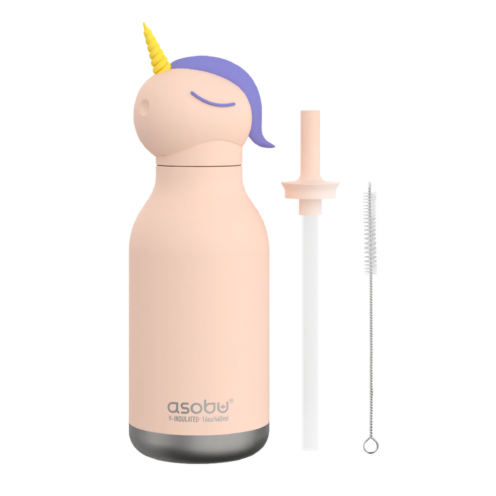 Unicorn-shaped water bottle with a straw and cleaning brush on a white background