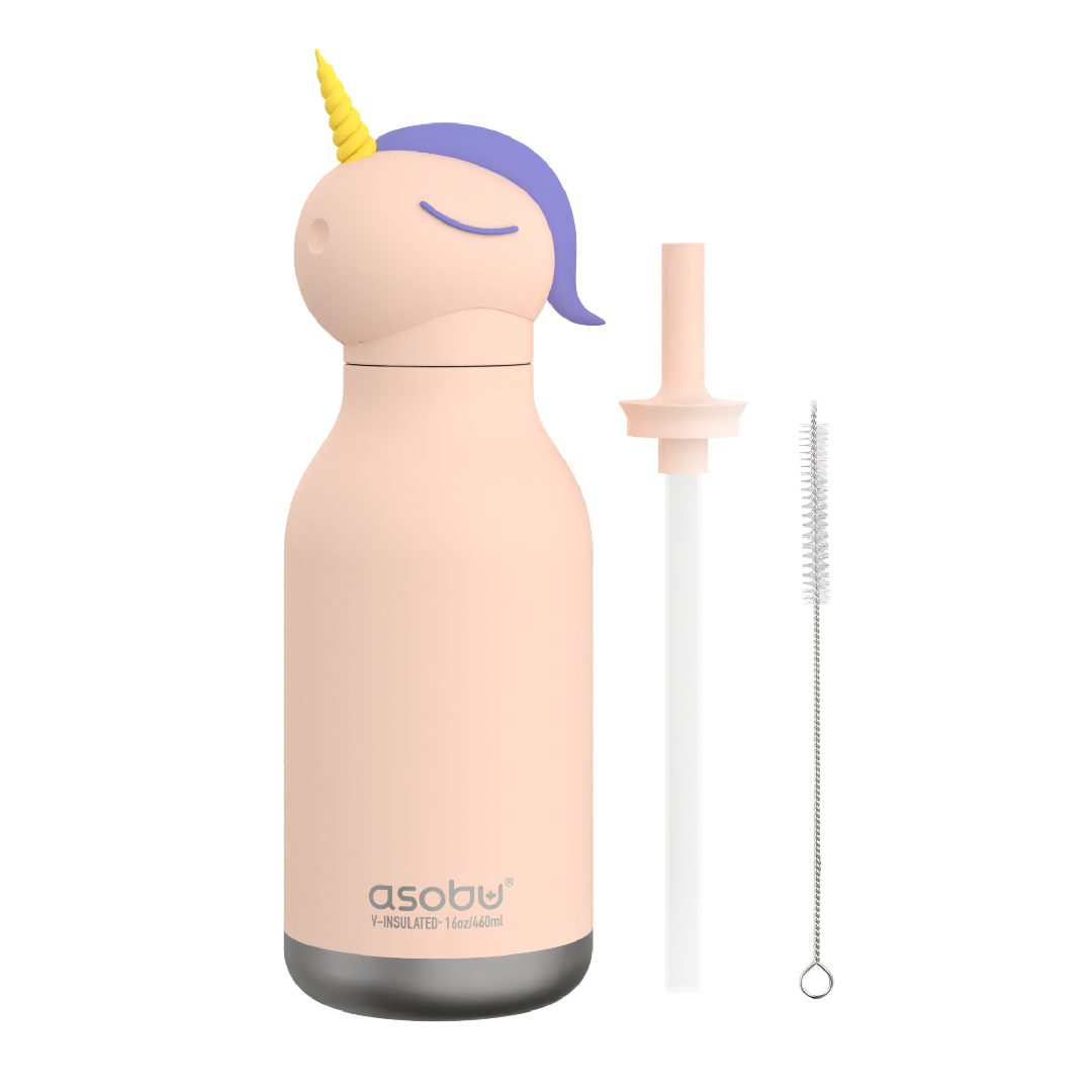 Unicorn-shaped water bottle with a straw and cleaning brush on a white background