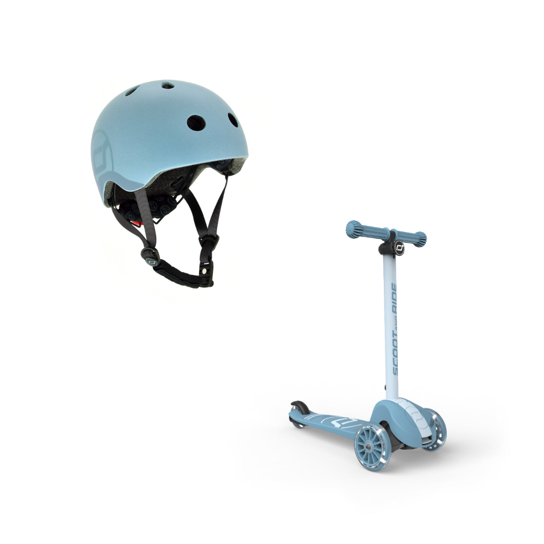 Scoot & Ride Highwaykick 3S Scooter & S/M Helmet Steel Bundle