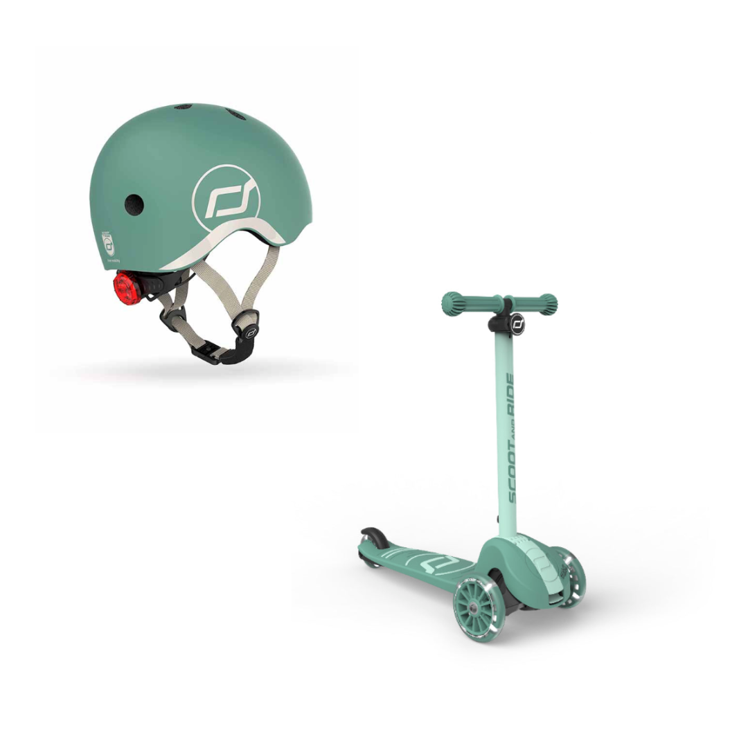 Green scooter and helmet set with a discount label on a white background