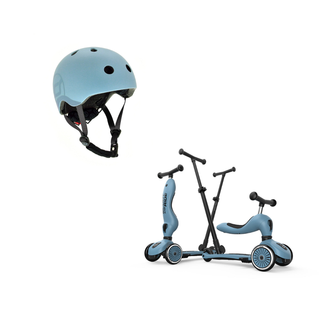 Scoot & Ride Push & Go Scooter & XXS/S Helmet Steel Blue Bundle