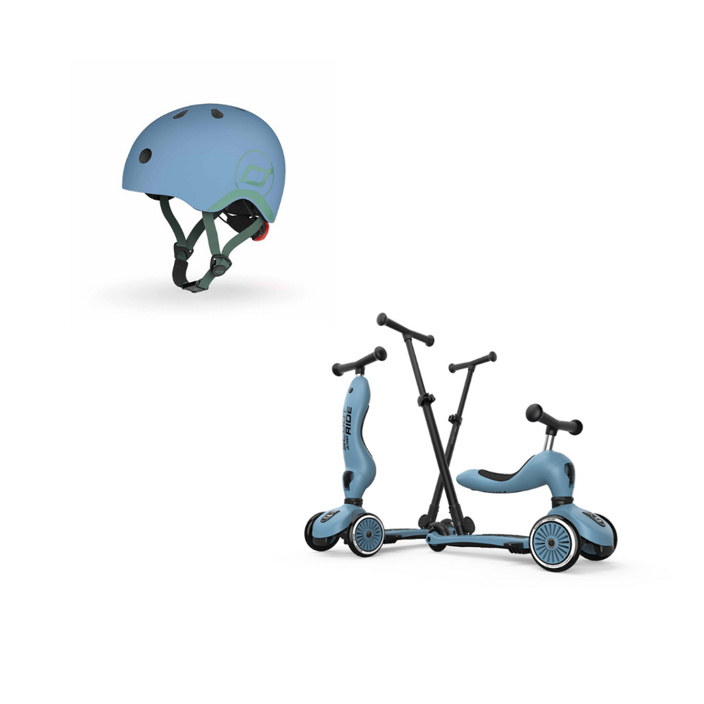 Scoot & Ride Push & Go Scooter & S/M Helmet Steel Blue Bundle