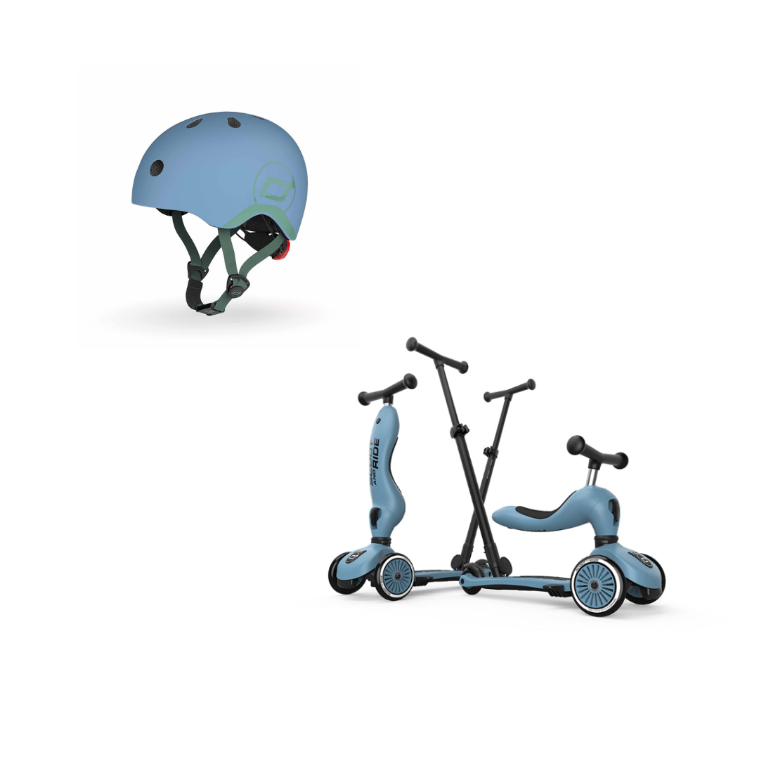 Scoot & Ride Push & Go Scooter & S/M Helmet Steel Blue Bundle