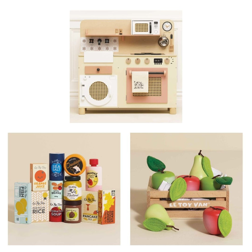Rattan Wooden Play Kitchen, Grocery & Fruit Bundle