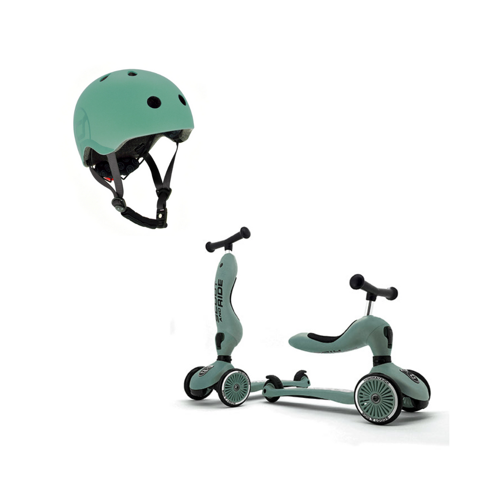 Scoot & Ride Highwaykick 1 Scooter & S/M Helmet Steel Forest Bundle
