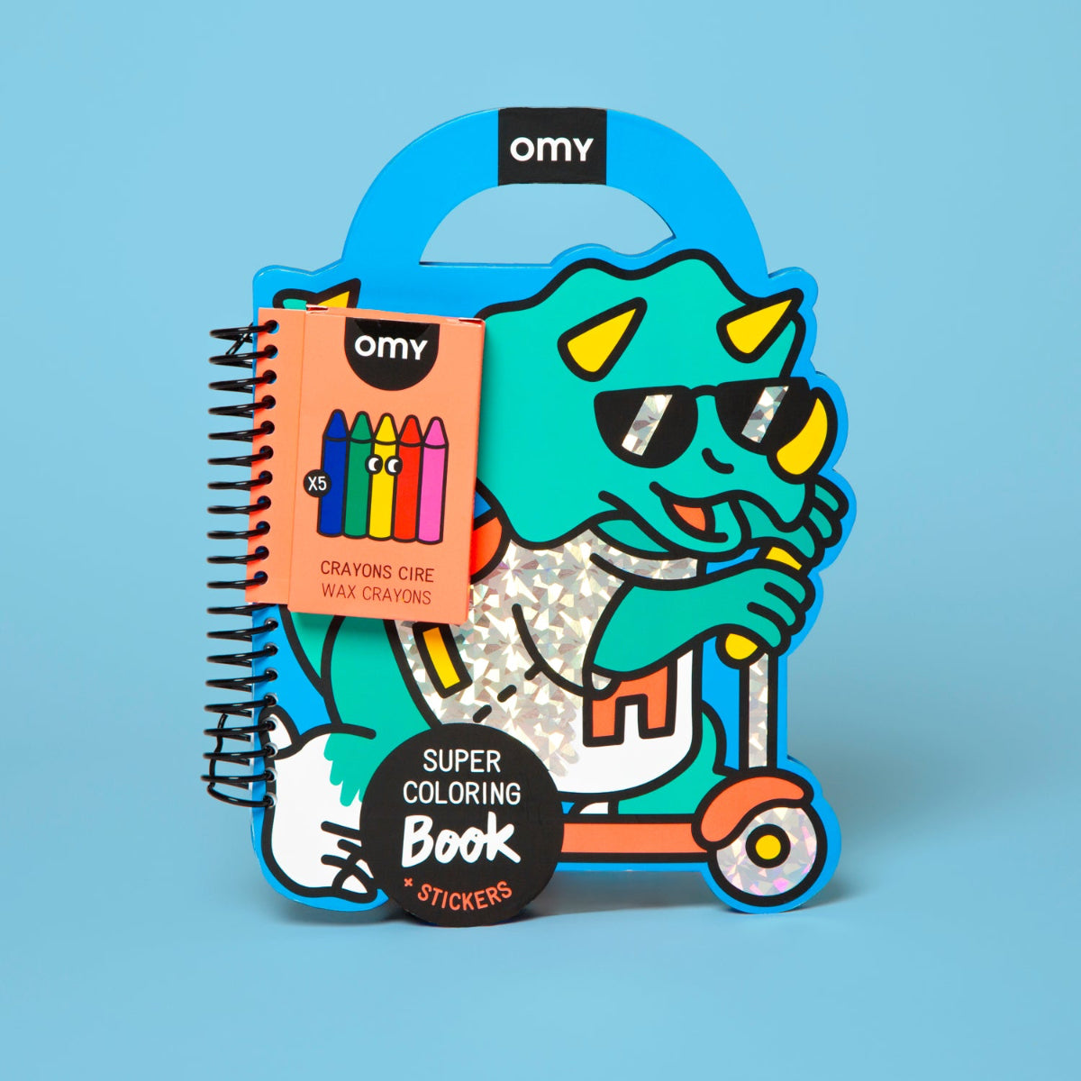 Colorful packaging of a coloring book and crayons with a cartoon character on a blue background