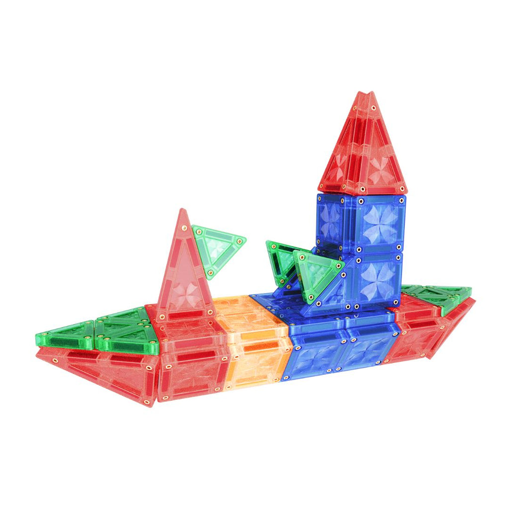 Colorful magnetic building blocks on a white background