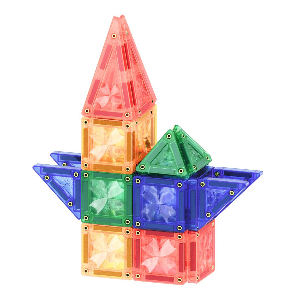 Colorful magnetic building blocks stacked on a white background