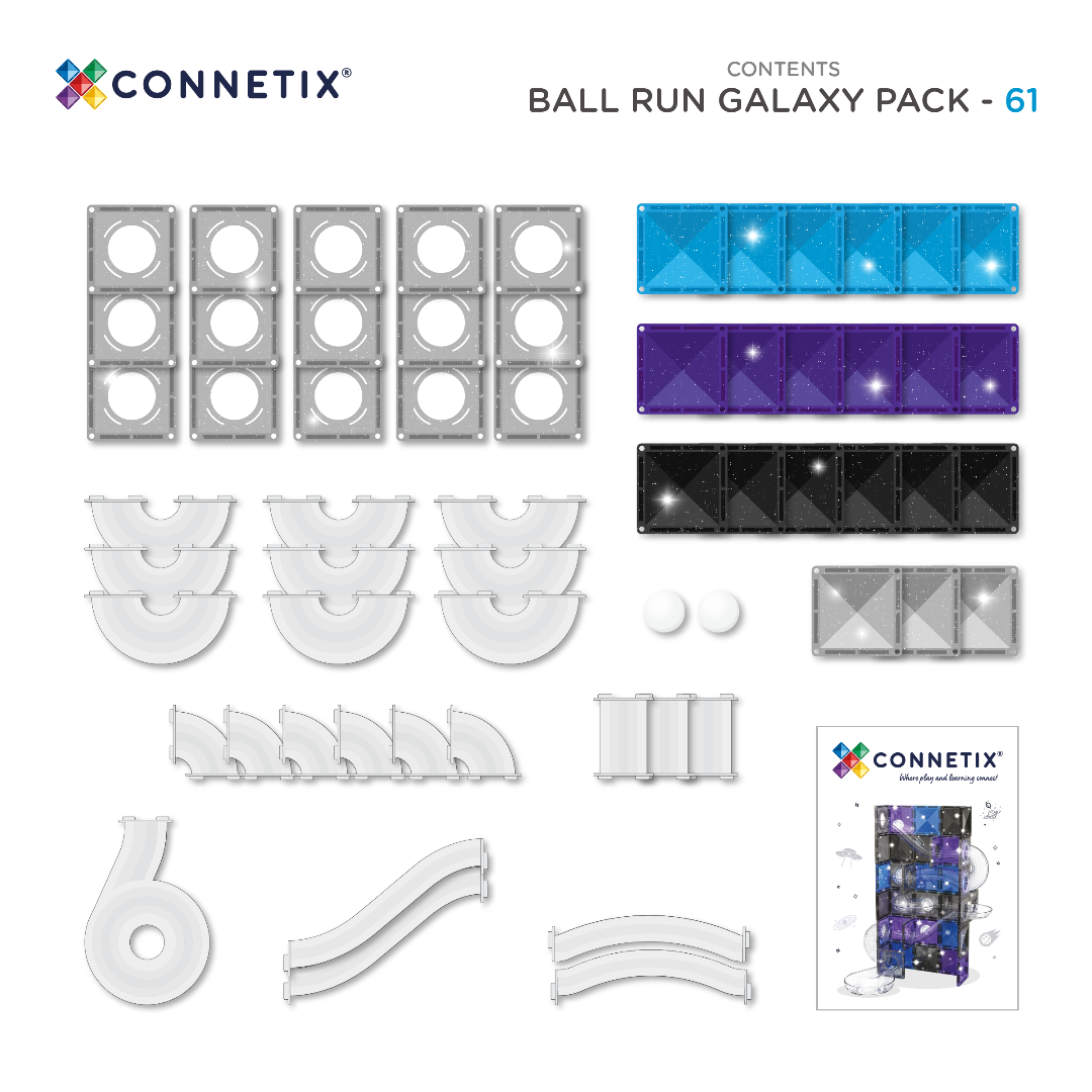 Contents of CONNETIX Ball Run Galaxy Pack: glitter tiles, clear ball run tubes, bowl, light balls and inspiration booklet