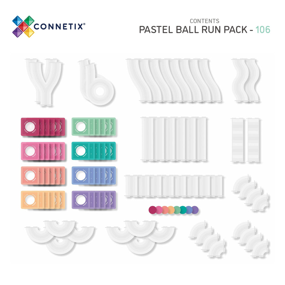 Contents of CONNETIX Pastel Ball Run Pack 106 piece: connecting squares, clear tubes, stairs, S-bends, split tubes and wooden balls