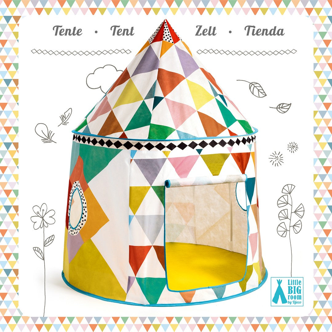 Front of the Djeco multi coloured play tent box showing the triangle-pattern tent
