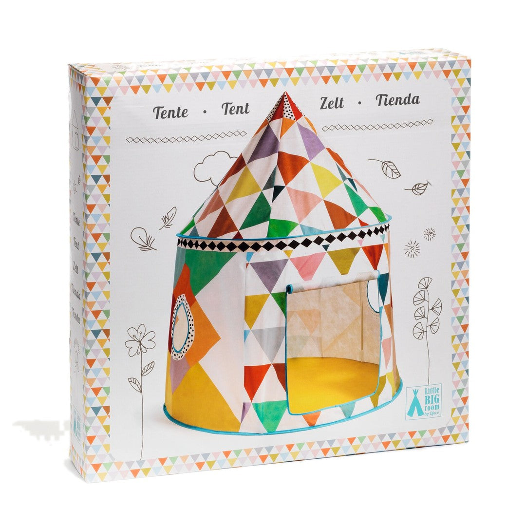 Djeco multi coloured play tent box, angled view