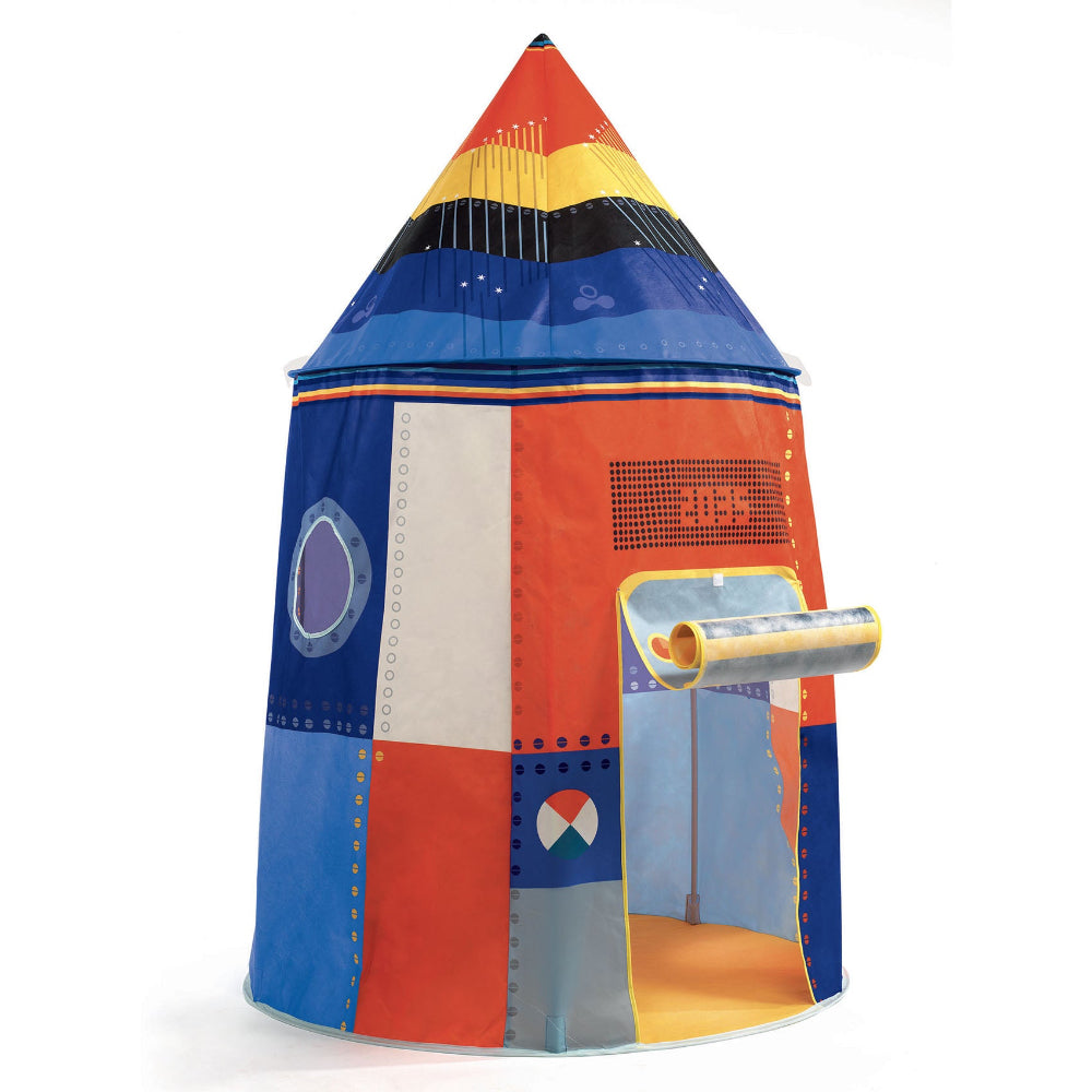 Colorful rocket-shaped play tent on a white background
