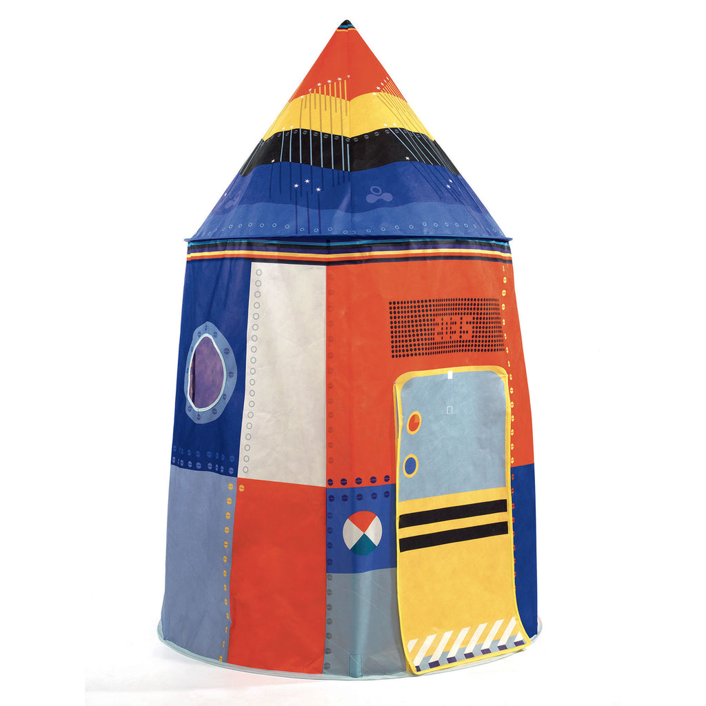 Colorful rocket-shaped play tent on a white background