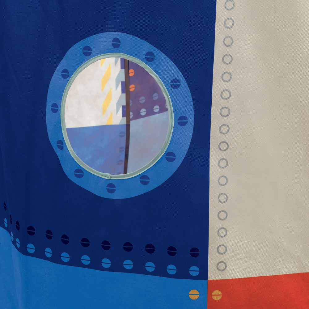 Colorful fabric with circular design and geometric patterns on a blue and beige background