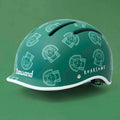 Green helmet with white designs and text on a green background