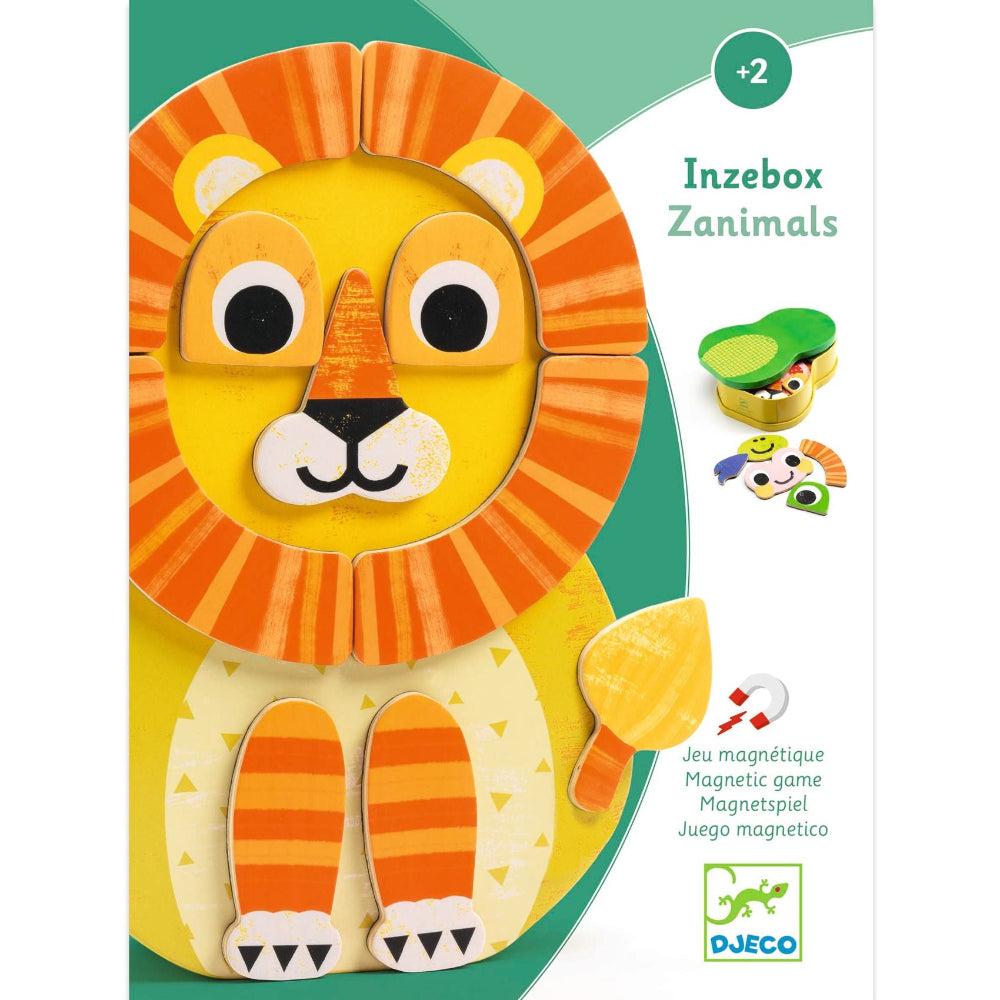 Toy packaging of a lion with magnetic game features, featuring the brand Djeco.