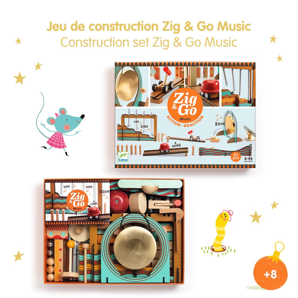 Djeco Zig and Go Music construction set box and open box of pieces, age 8+