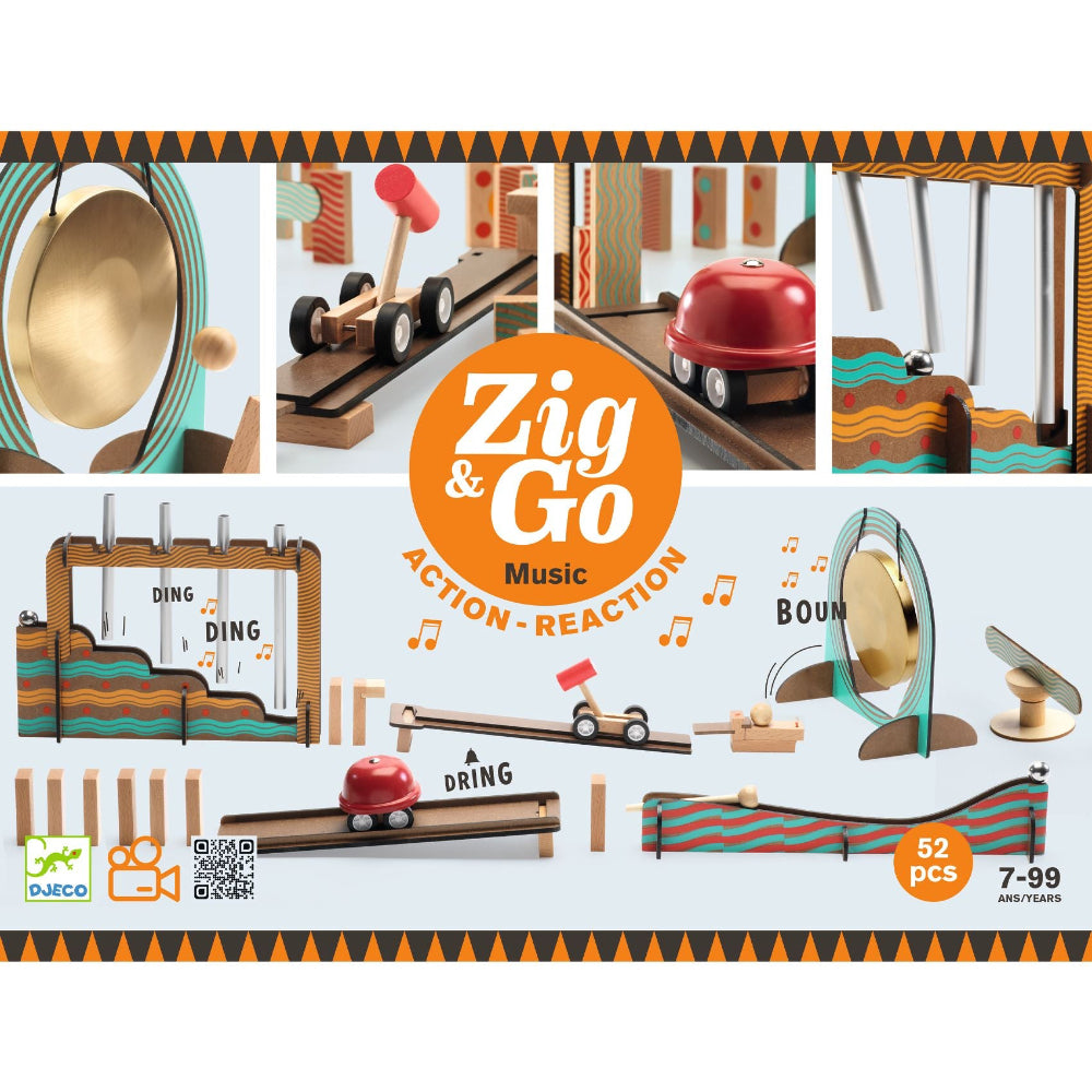 Zig & Go toy set packaging with various toy components and the Zig & Go logo.