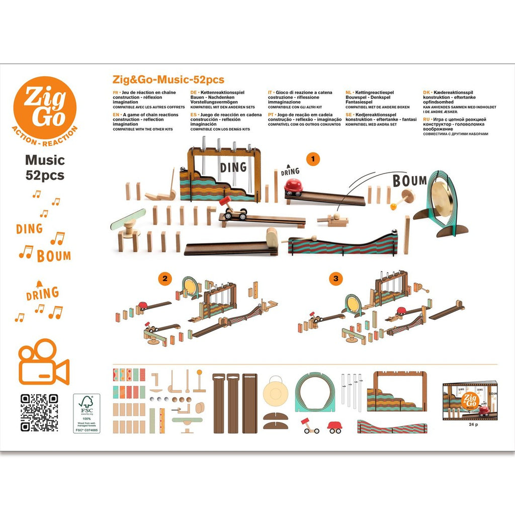 Back of the Djeco Zig and Go Music box with track layouts and the 52 pieces