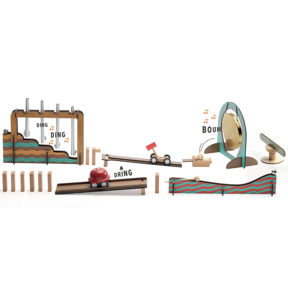Set of wooden toy tracks and cars on a white background