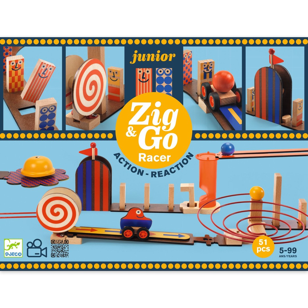 Front of the Djeco Zig and Go Junior Racer action reaction box, ages 5 to 99