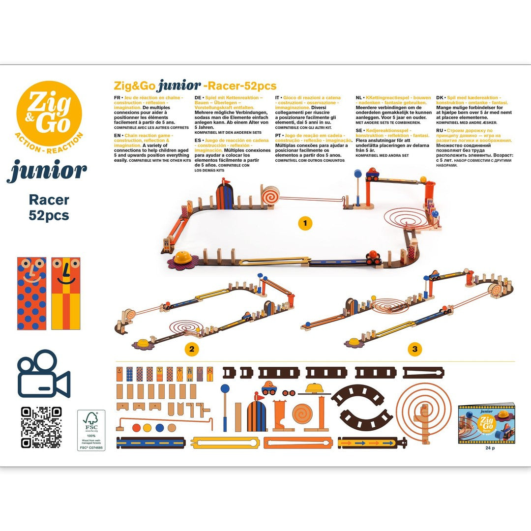 Back of the Djeco Zig and Go Junior Racer box with track layouts and pieces