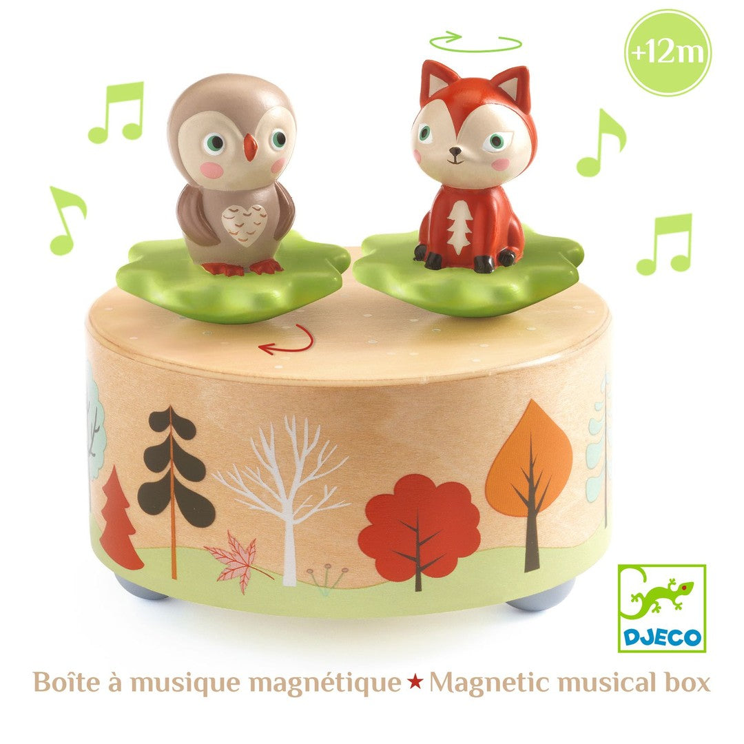 Front of the Djeco Melody of the Woods magnetic musical box packaging, from 12 months