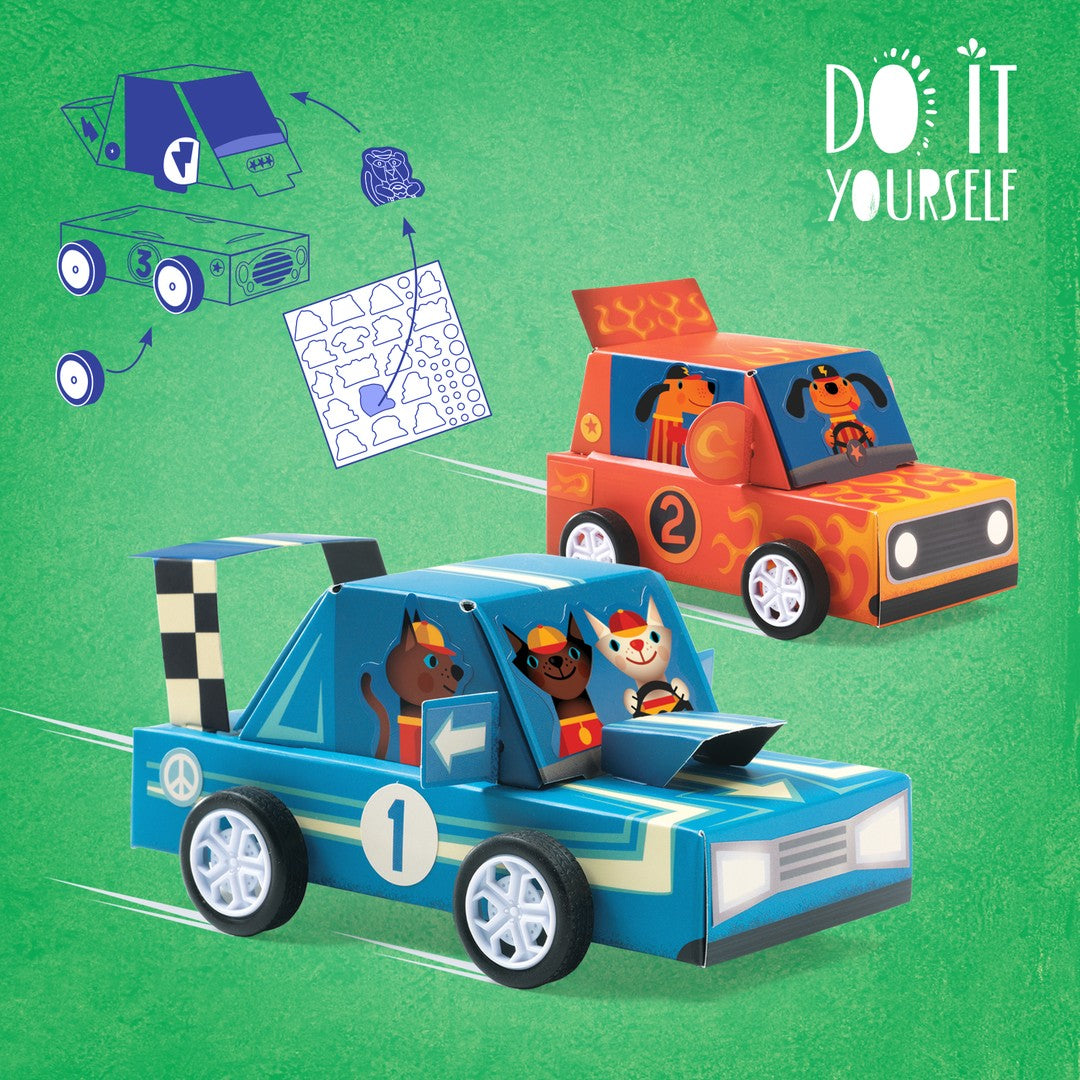 Djeco DIY Grand Prix racing cars speeding across a green background with the build steps
