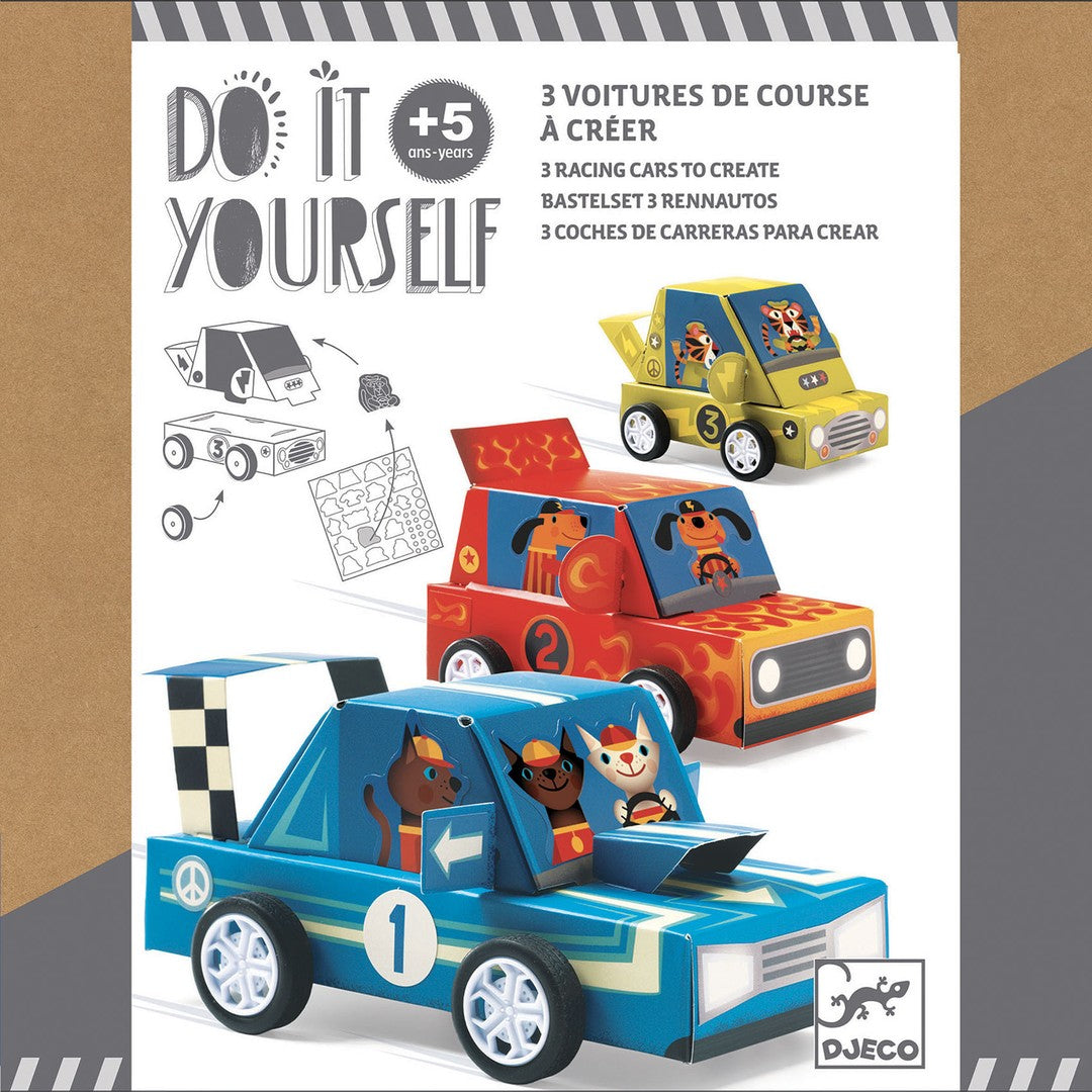 Front of the Djeco Do It Yourself 3 racing cars to create box, age 5+