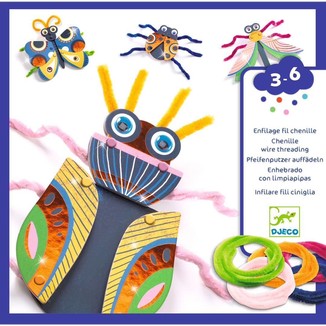 Front of the Djeco Threading Yarn Bugs box showing a threaded bug