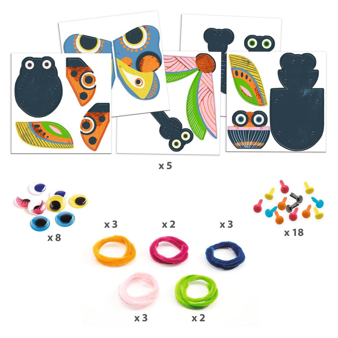 Contents of the Djeco Threading Yarn Bugs kit: five card bugs, googly eyes, pegs and coloured chenille wire