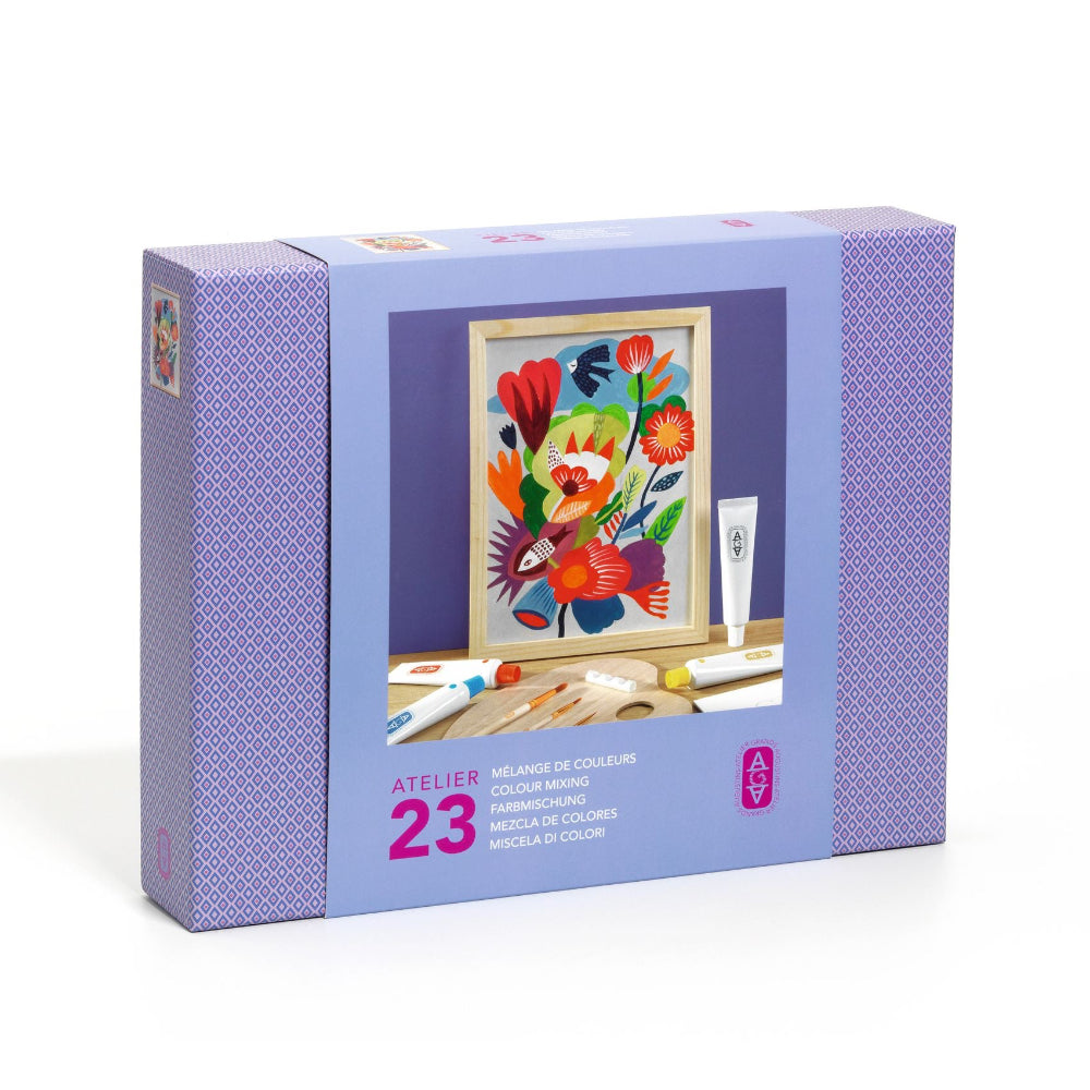 Boxed art set with a floral painting on a purple background