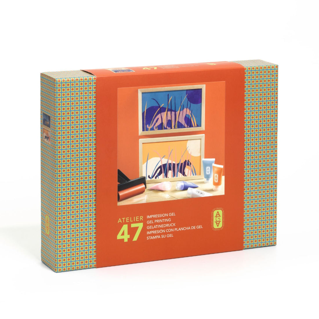 Product packaging with artistic illustrations on an orange background