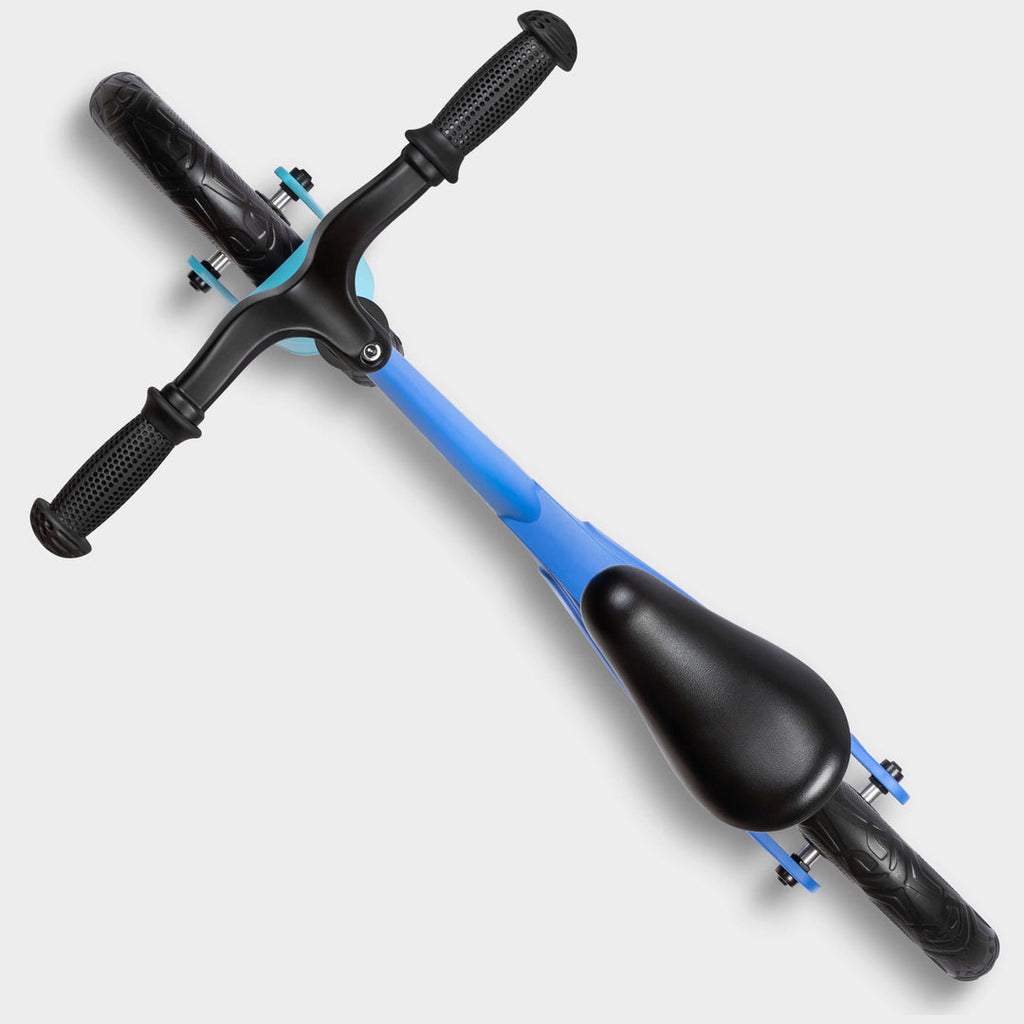 Top-down view of the blue Micro Balance Bike Lite showing the handlebar and saddle