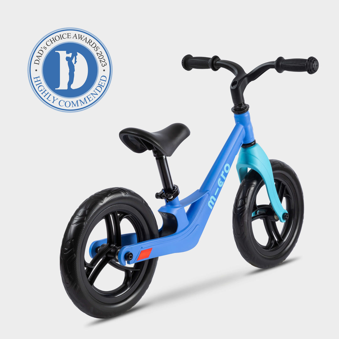 Blue Micro Balance Bike Lite with a Highly Commended awards badge