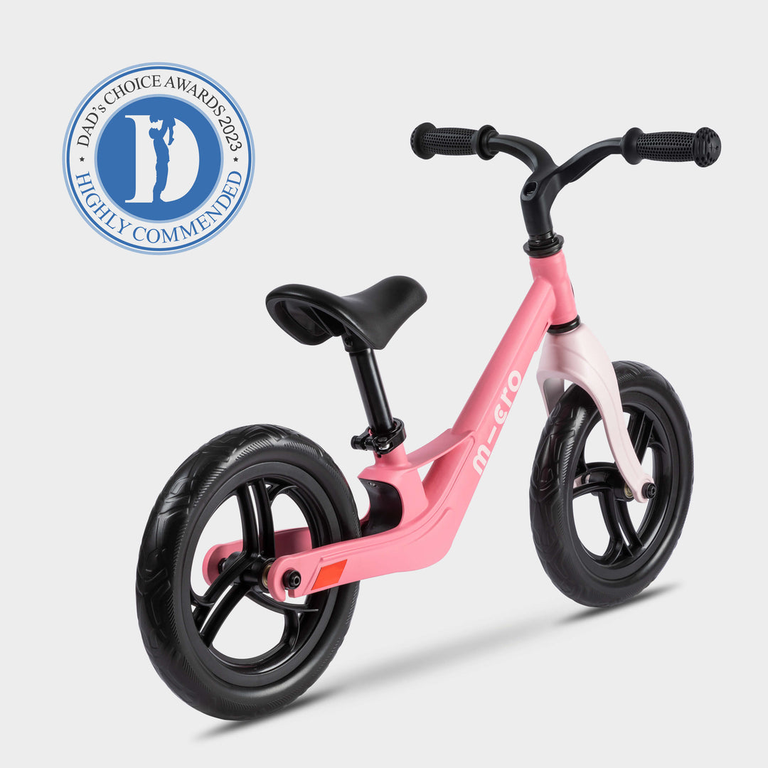 Pink Micro Balance Bike Lite with a Highly Commended awards badge