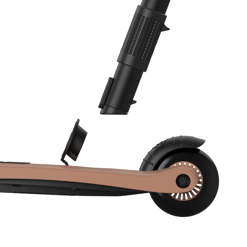 Close-up of a scooter with a focus on the wheel and handlebar on a white background