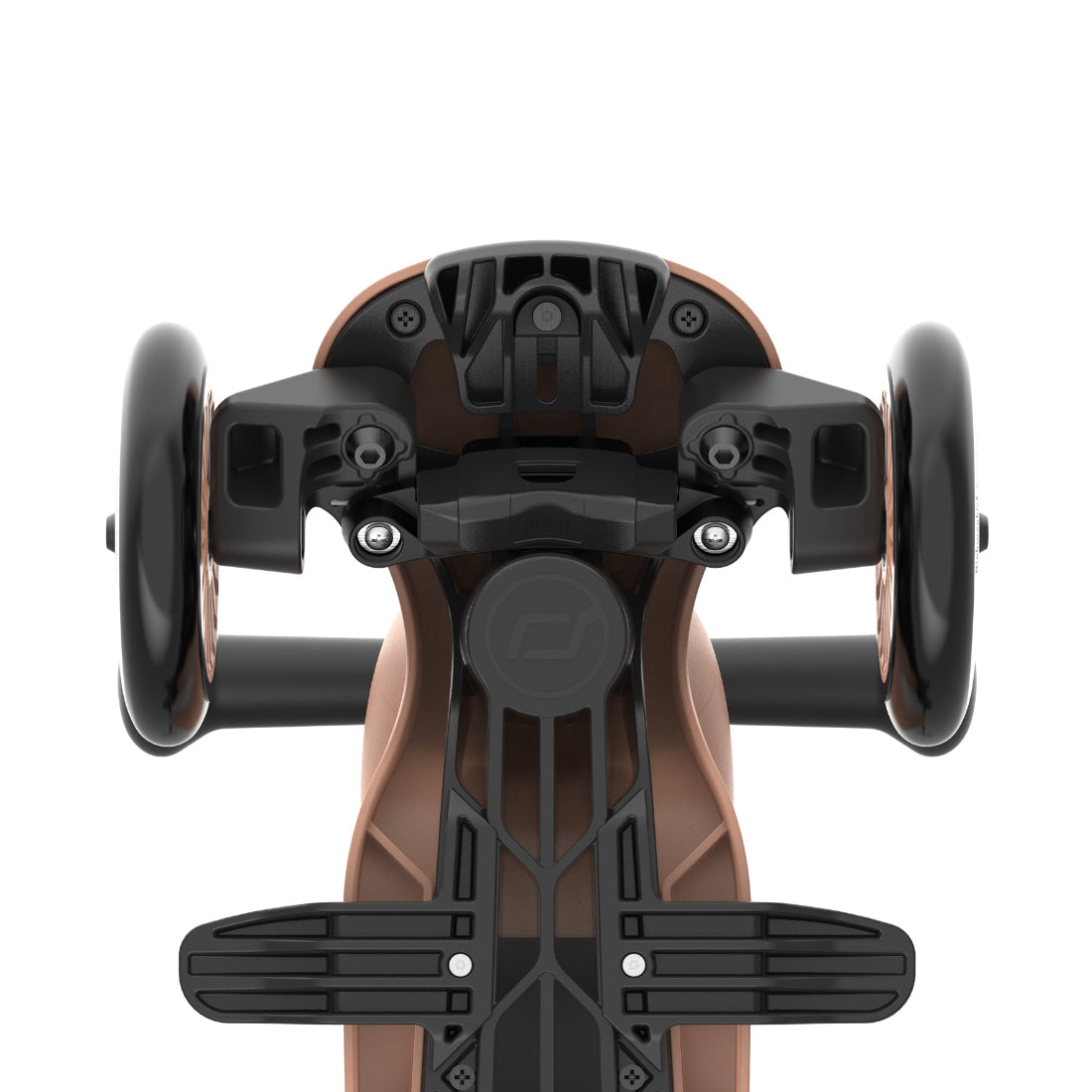 Close-up of a skateboard truck with brown deck and black hardware on a white background