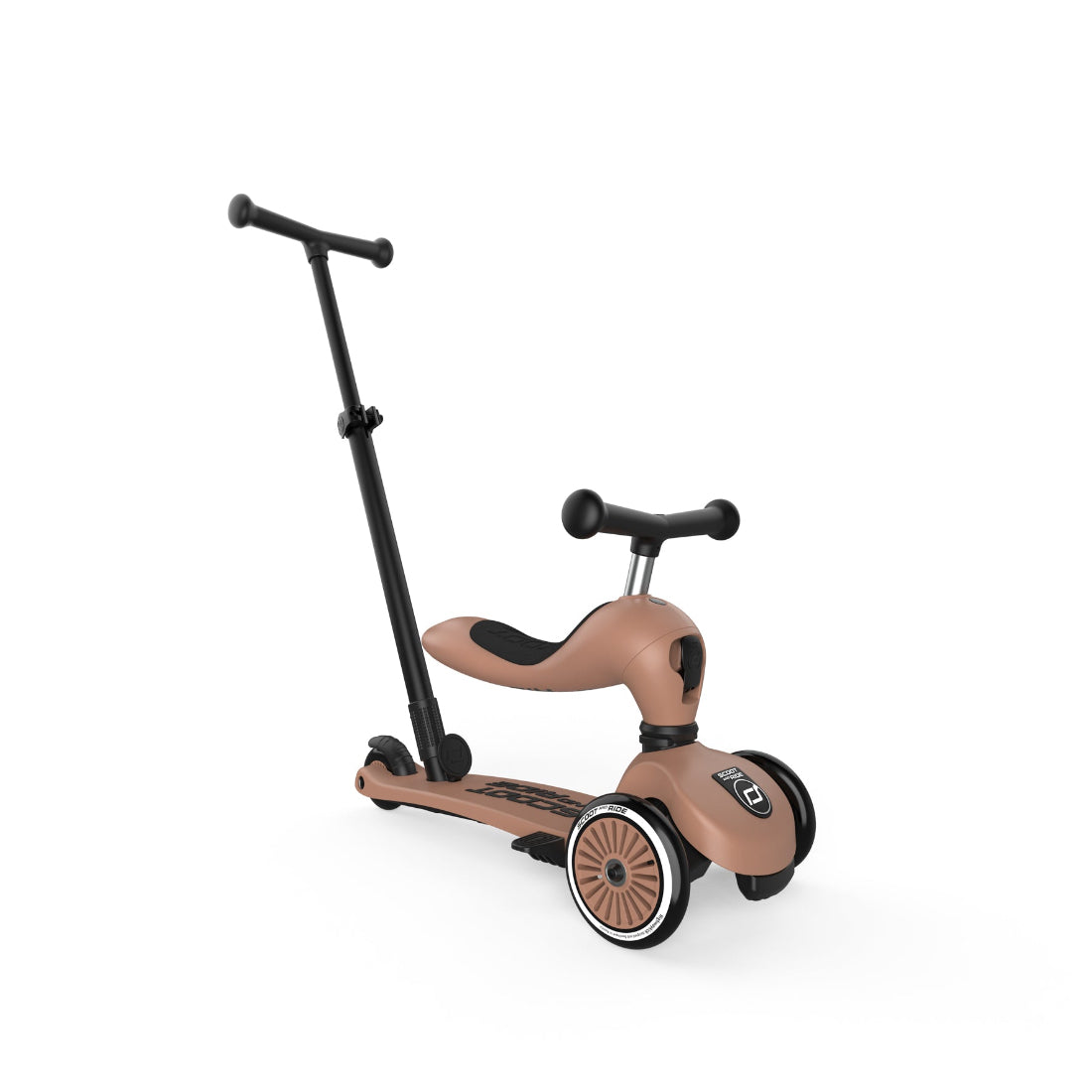 Children's scooter with a brown seat and black handlebar on a white background