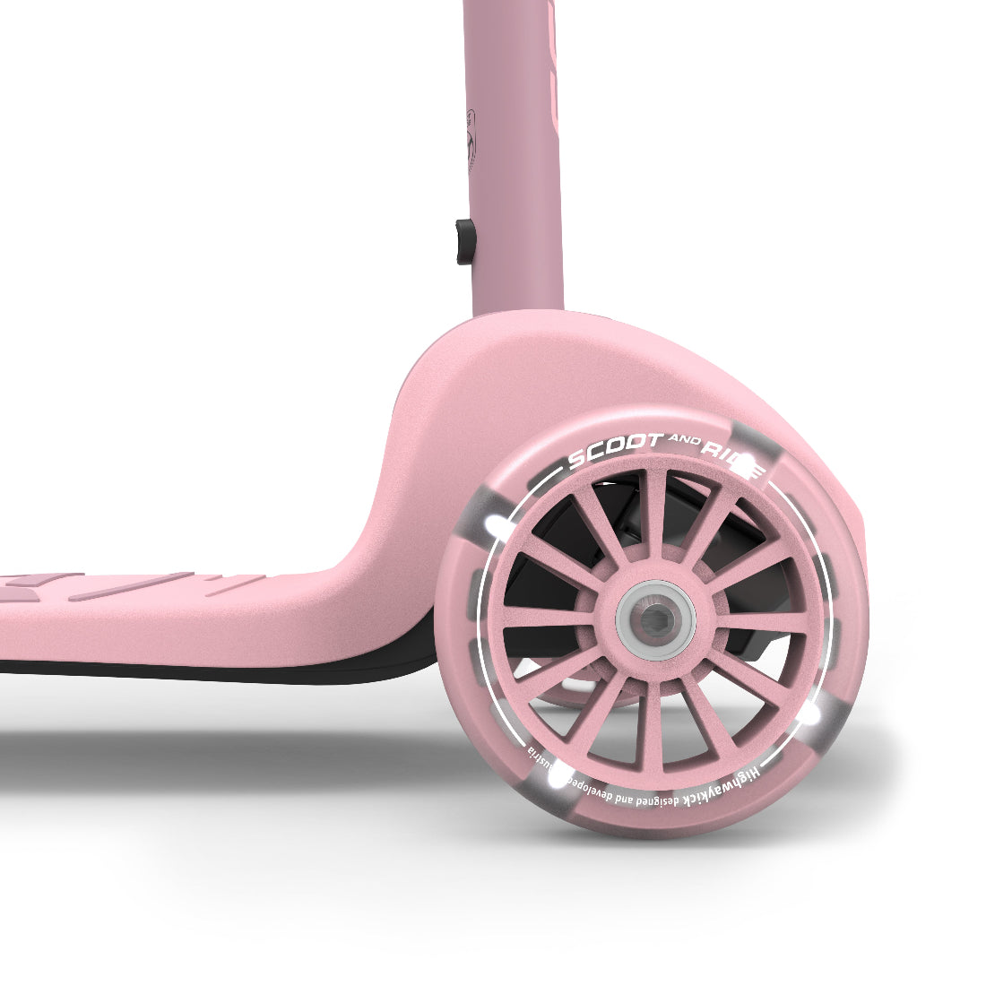 Close-up of a pink scooter wheel with 'Scoot and Ride' branding on a white background