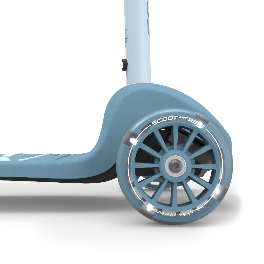 Close-up of a blue scooter wheel with 'Scout' branding on a white background