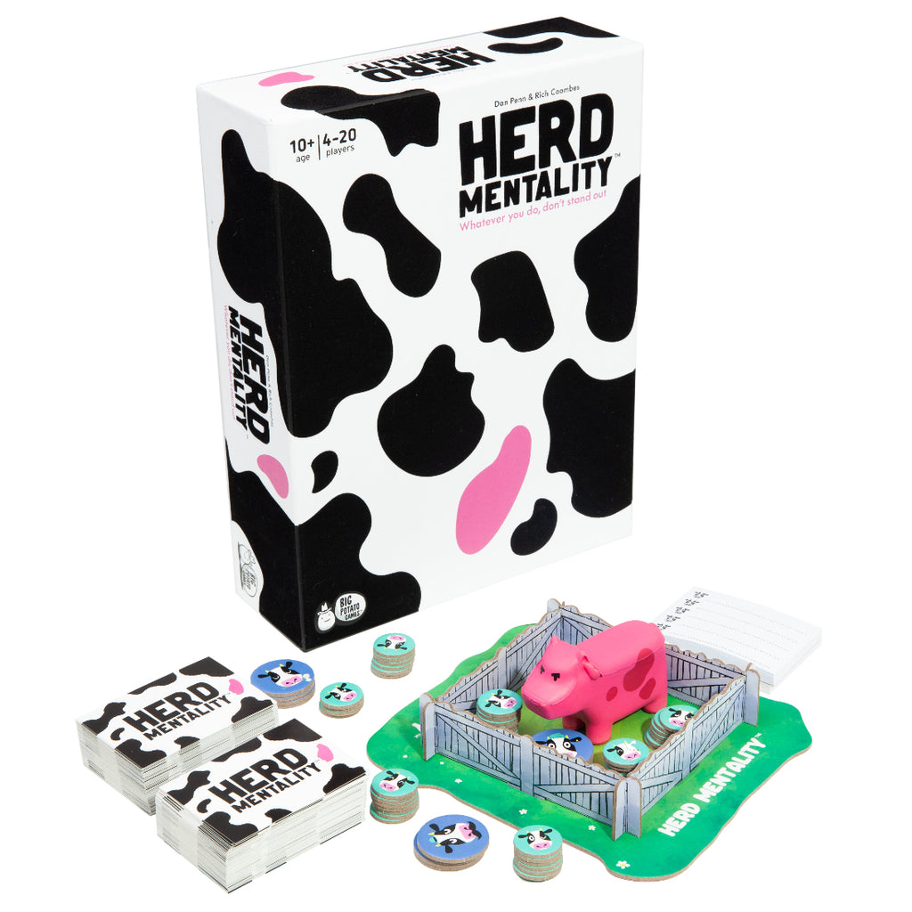 Board game set with 'Herd Mentality' packaging, pink cow figure, and game pieces on a white background