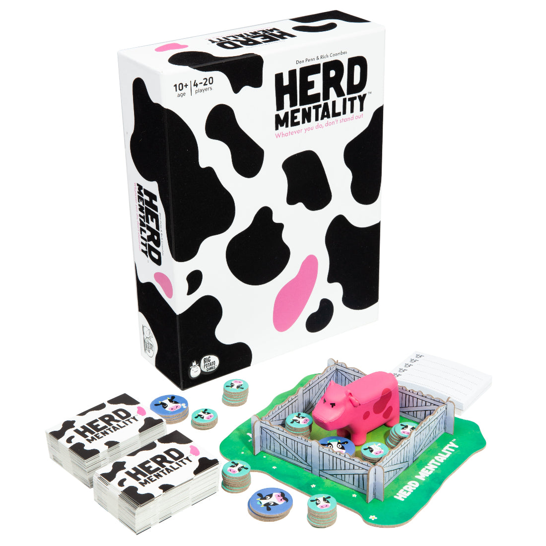 Board game set with 'Herd Mentality' packaging, pink cow figure, and game pieces on a white background