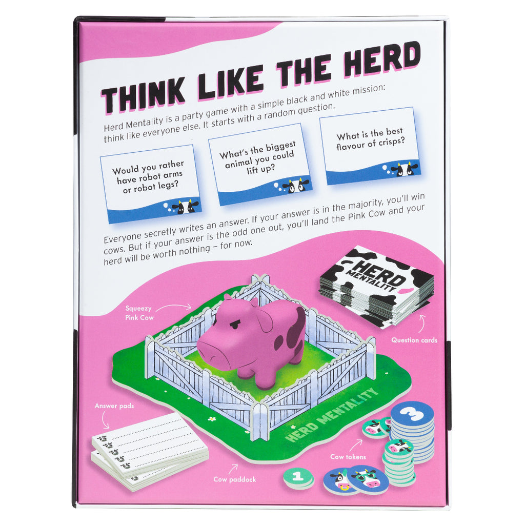 Game box for 'Think Like the Herd' with pink cow figure and question cards on a white background