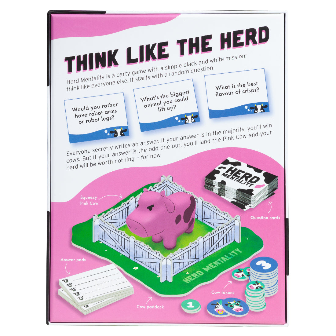 Game box for 'Think Like the Herd' with pink cow figure and question cards on a white background