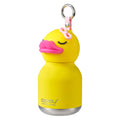 Yellow duck-shaped water bottle with a pink beak and pink bow on a white background. The brand name 'asabu' is printed near the bottom.